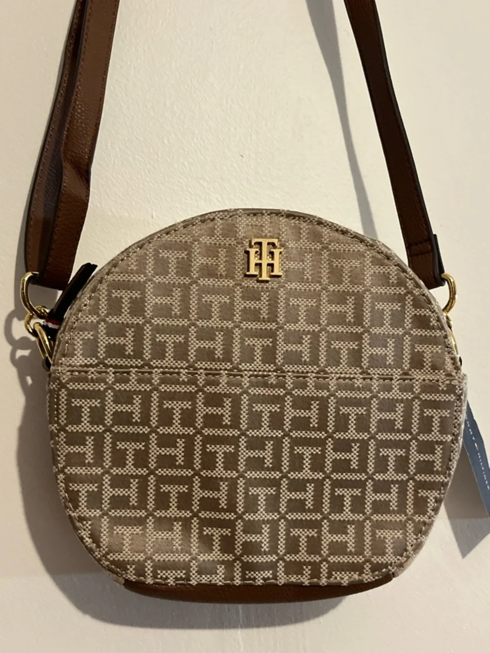 Tommy Hilfiger Beige Monogram Round Crossbody with Brown Strap - Picture 2 of 10